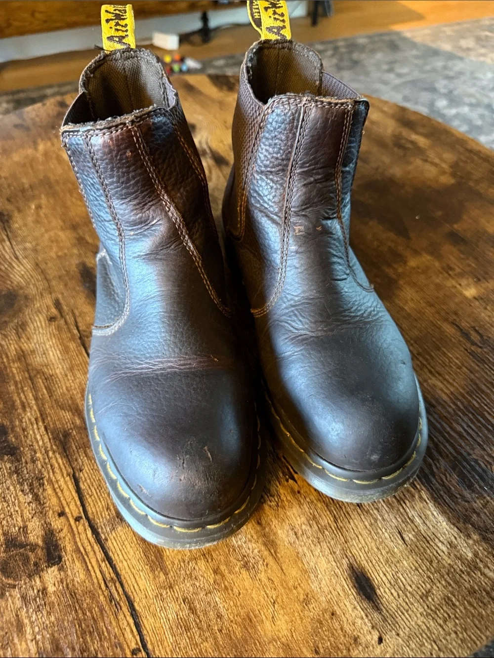 Dr. Martens Brown Leather Steel Toe Industrial Boots with Yellow Stitching